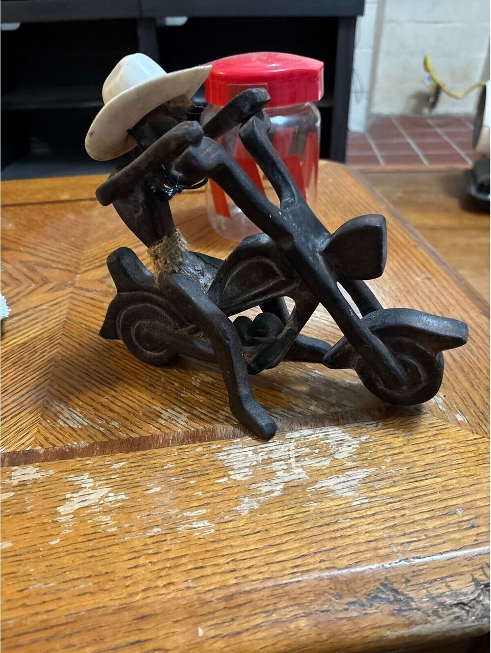 hand-carved wooden sculpture, "Tiki Biker" or "Primitive Tribal Funny Statue"